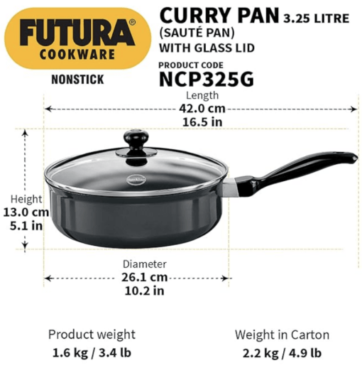 Hawkins Futura 3.25 Litre Curry Pan, Non Stick Saute Pan with Glass Lid, Deep Pan for Frying, Black (NCP325G) - Image 4